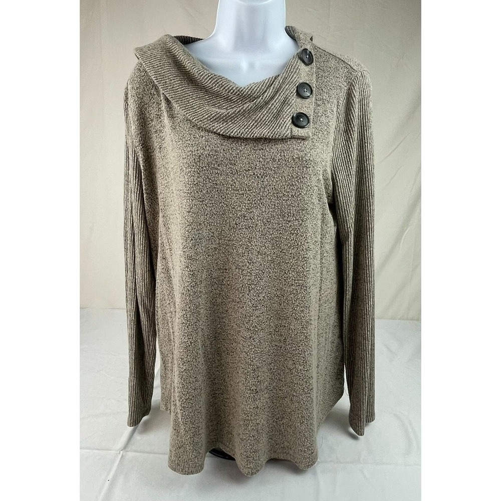 FORTUNE + IVY WOMENS SMALL COWL NECK SWEATER KNIT TOP BEIGE BUTTON ACCENT SOFT